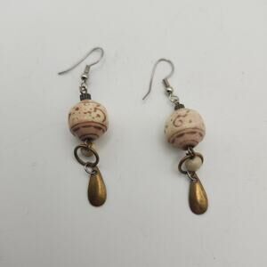 Boho Swirl Bead Teardrop Dangle Earrings Neutral Beige Gold Tone Drop Statement